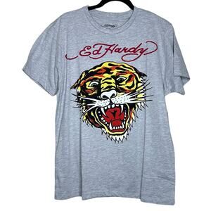 Ed Hardy Mens Tiger Head Graphic T Shirt Cotton Gray Size Medium NWT